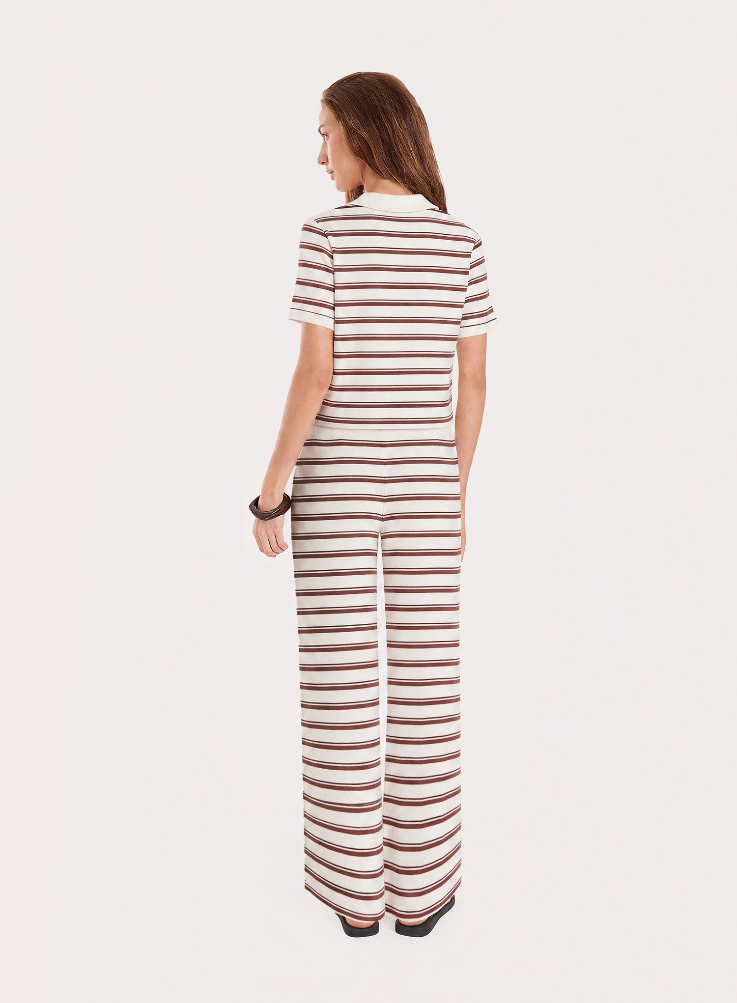 White And Brown Stripe Ribbed Short Sleeve Jersey Polo Top